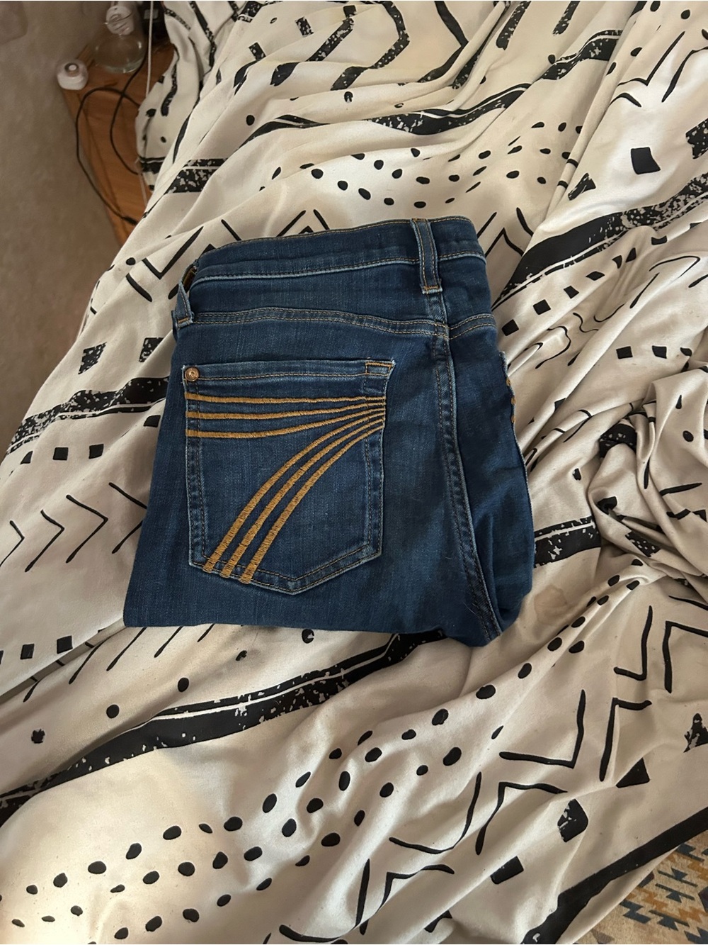 7 For All Mankind Dark Blue Flare Jeans with Gold Pocket Stitching